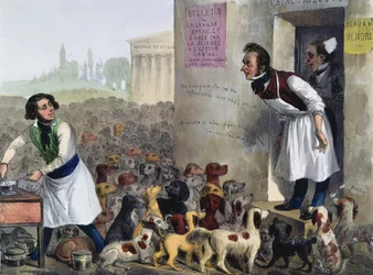 Caricature de Parisiens aux prises avec des chiens enragés, vers 1840