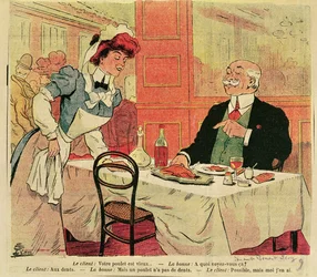 Caricature de client et serveuse dans un restaurant, c.1905
