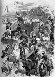 Carnaval de Mardi Gras, France, 8 mars 1859 : descente à Paris de la mascarade de Sèvres. Gravure dans "Le Monde Illustré" n°100 du 19 mars 1859.