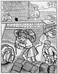 Porteurs de foin au Moyen Âge. Gravure dans "La Marine et les colonies : commerce"