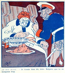 Caricature critiquant le comportement avide de la Bulgarie lors du partage de la Macédoine pendant les guerres balkaniques de 1912-13