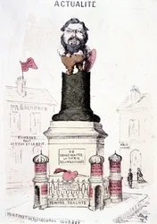Caricature de Courbet en statue sur la base tronquée de la colonne Vendôme
