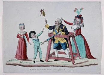 Caricature de la famille royale (Louis XVI et Marie-Antoinette avec leurs enfants) pendant la Révolution française, vers 1790 - Musée Carnavalet