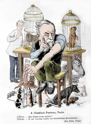 Représentation caricaturale du scientifique Louis Pasteur, inventeur du vaccin contre la rage, se vaccinant contre les décorations prussiennes. Publiée dans 
