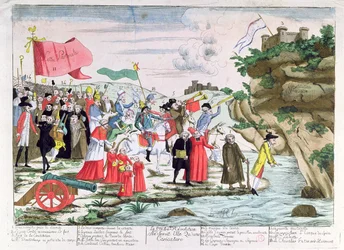 Caricature ridiculisant le clergé et les aristocrates français réfugiés en Allemagne pendant la Révolution, vers 1792