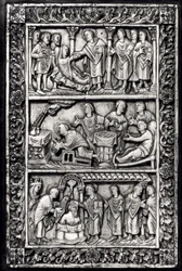 Plaque sculptée pour une couverture de livre représentant des scènes de la vie de Saint Remi (c.437-533) et le baptême de Clovis I (465-511)