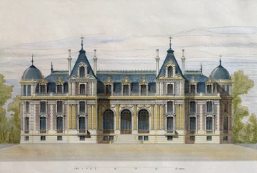 Château de Neuflize appartenant aux frères Pate, façade du jardin, illustration du Moniteur des architectes, 1884, gravée par F. Penel