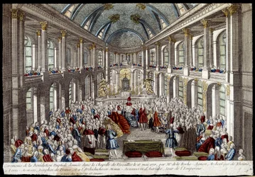 Cérémonie de la bénédiction nuptiale donnée dans la chapelle de Versailles le 16 mai 1770 par Louis Auguste, dauphin de France (Louis XVI), et Marie-Antoinette d