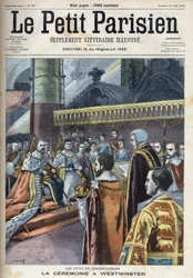 Cérémonie du couronnement à Westminster : le roi Édouard VII (1841-1910) et Alexandra de Danemark (1844-1925), dans « Le Petit Parisien »