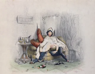 Champagne et amour, un couple amoureux endormi après leur sixième bouteille de champagne, gravé par Bettannier Frères, Paris, 1852