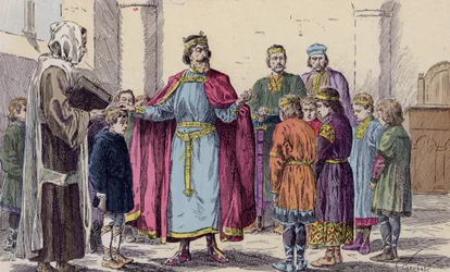Charlemagne visitant une école (lithographie couleur)