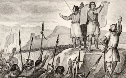 Charles II le Chauve (823-877) et son frère Louis le Germanique concluent un traité à Strasbourg en 842, tiré de 