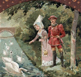 Charles VII (1403-1461) avec sa favorite, Agnès Sorel (dite la Dame de Beauté-sur-Marne) (1422-1450) nourrissant des cygnes dans le parc du château de Savigny-sur-Orge. Chromolithographie de la fin du XIXe siècle