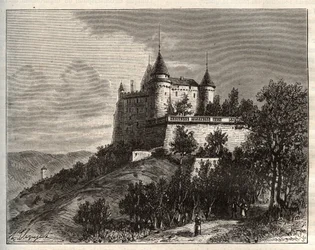 Château de Mercuès - Cahors - gravure dans « La France illustrée : géographie, histoire, administration statistique » par V.-A. Malt-Brown. 1884