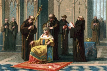 Childéric III, roi de 742 à 752, au monastère de Saint-Bertin, près de Saint-Omer, où il fut enfermé par le maire du palais austrasien, Charles Martel, 737. Chromolithographie vers 1890.