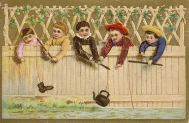 Enfants pêchant avec une chaussure et une bouilloire