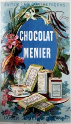 Publicité pour le chocolat "Menier" avec la mention "Évitez les contrefaçons"