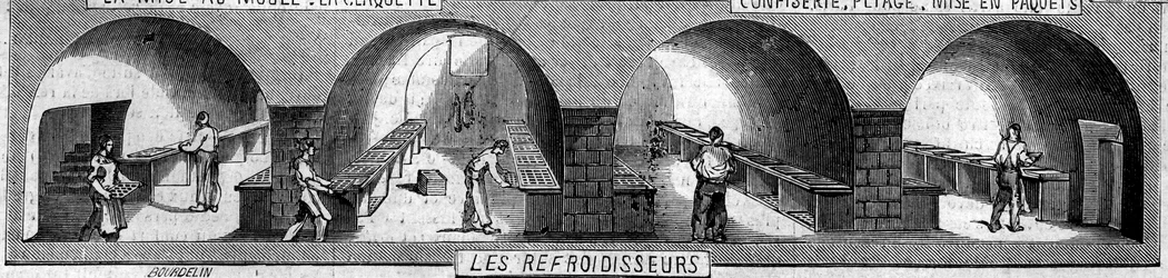 Fabrication de chocolat : refroidisseurs. Usine de M. Masson, Paris.