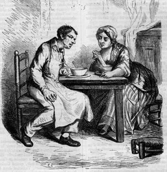 Christophe et la grosse Sylvie : domestiques prenant leur petit-déjeuner. Gravure du milieu du XIXe siècle. Illustration pour « Le Père Goriot » par Honoré de Balzac
