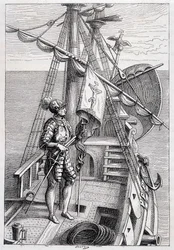Christophe Colomb sur sa remorque, ill. « Découverte de la Terre » par Jules Verne, éd. Hetzel, 19e siècle