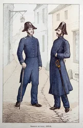 Sergents de ville. Deux agents de la force publique discutant. Lithographie vers 1829-1830 Préfecture de Police, Paris