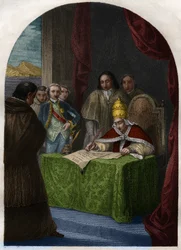 Clément XIV (Clemente ou Clemens) (1705-1774) abolissant la Compagnie de Jésus le 21 juillet 1773. Gravure de 1842 dans « Histoire des popes: crimes, murders, poisonings, parricides, adulteres, incest... » par Maurice Lachatre. Collection privée.