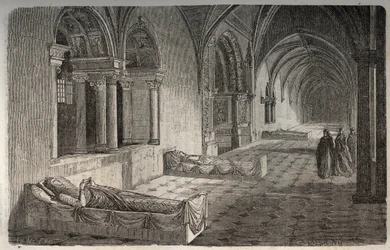 Cloître de Fontevrault avec statues de Henri II - Éléonore de Guyenne - gravure de « Histoire de France » par Victor Duruy (1811-1894) - 1882