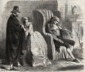 Clotilde Sprengel et Zacharie Bergmann regardent le docteur allemand Petrus Schultz endormi devant le 18ème siècle. Gravure de 1871 dans "Histoire Des Cocus Célèbres" par Henry de Kock