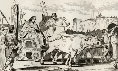 Clovis III (682-95) dans un char tiré par des bœufs, avec Pépin II de Herstal (c.714) à ses côtés, de 