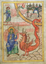 Cod. Guelf. 1 Gud. lat. (14v), La Grande Prostituée, Mère des Abominations, rencontrant la Bête de l