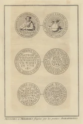 Pièces et médailles frappées par les premiers anabaptistes (gravure)