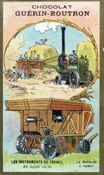 Carte de collection de Chocolat Guerin-Boutron représentant une machine à battre à vapeur