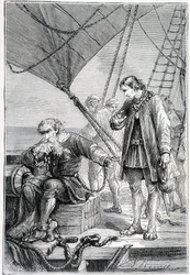 Colomb ligoté comme un méchant (sur le pont du navire), ill. « Découverte de la Terre » par Jules Verne, éd. Hetzel, 19e siècle