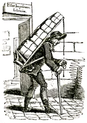 Commissionnaire (coursier) au 19e siècle quittant le libraire Pillet à Paris, portant une charge de livres sur son dos.