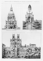 Concours pour la construction de la Basilique du Sacré-Cœur à Montmartre, dessins de Monsieur Crépin, Monsieur Moyaux et Monsieur Magne, 1875