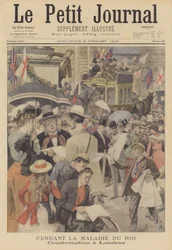 Inquiétude à Londres face à la maladie du roi Edouard VII (lithographie couleur)
