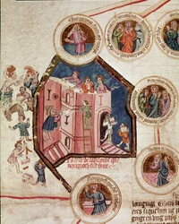 Chantier de la Tour de Babel à Babylone. Page tirée du manuscrit Généalogie de la Bible de l