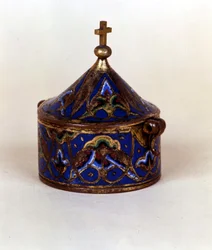 Récipient pour huile sainte en émail. Limoges