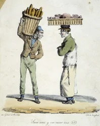 Conversation entre un boulanger et un charcutier : « Sans nous, nous mourrions tous ! » Gravure du 19ème siècle