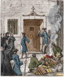 Condamnation de la Société des Jésuites suite à la décision du Parlement de Paris du 6 août 1762. La cour ordonne que plus de 24 livres et ouvrages des Jésuites soient brûlés par le bourreau. Gravure du XIXe siècle