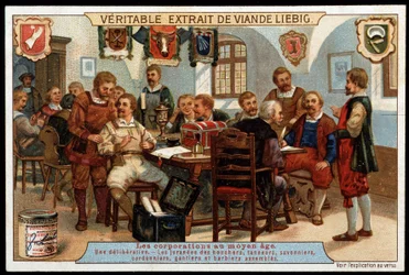 Corporations au Moyen Âge: une délibération des jurés de bouchers, tanneurs, savonniers, cordonniers, gantiers et barbiers assemblés - vignette publicitaire Liebig, fin 19e siècle