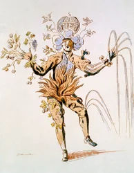 Conception de costume pour les quatre éléments dans un ballet de cour du XVIIe siècle, fac-similé réalisé par Guillaumot fils (gravure à la main)
