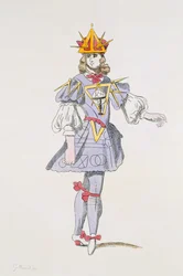 Conception de costume pour la Géométrie dans un ballet de cour du XVIIe siècle, de la collection Menus Plaisirs, fac-similé par A. Guillaumot Fils (gravure en couleur)