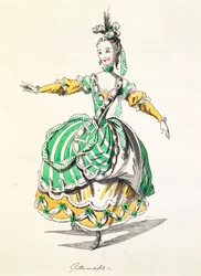 Costume pour Phrygienne, dans Dardanus, un livret de Leclerc de Labruère, composé par Jean-Philippe Rameau (1683-1764) fac-similé par A. Guillaumot Fils (gravure en couleur)
