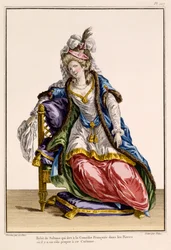Costume pour la femme du Sultan dans La Comédie Française, gravure réalisée par Patus (gravure à la main)