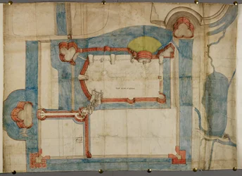 Cotton Augustus I ii 52, Plan coloré du château de Guînes vers 1540 (parchemin)