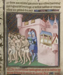 Cotton Nero E. II pt.2, f.20v Expulsion des Albigeois de Carcassonne en 1209, tiré des 