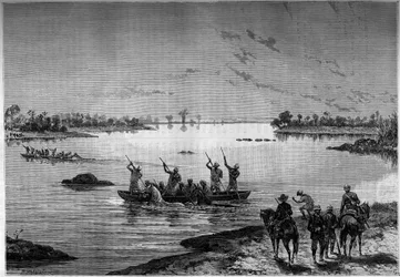 Traversée du Niger en bateau par des missionnaires. Gravure dans le journal illustre "La jeunesse"