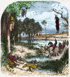 Croisade des Pastoureaux en 1251 : Croisade de "petite gens", paysans ; elle fut provoquée en 1251 par la captivité de Saint Louis lors de la septième croisade. Gravure dans "Histoire De France En Cent Tableaux" par Paul Lehugeur - 1891