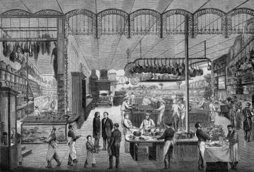 Cuisiniers et serveurs au travail dans les cuisines du café Riche, à Paris, en 1866. Gravure dans "Le Monde Illustré" n°499 du 3 novembre 1866.